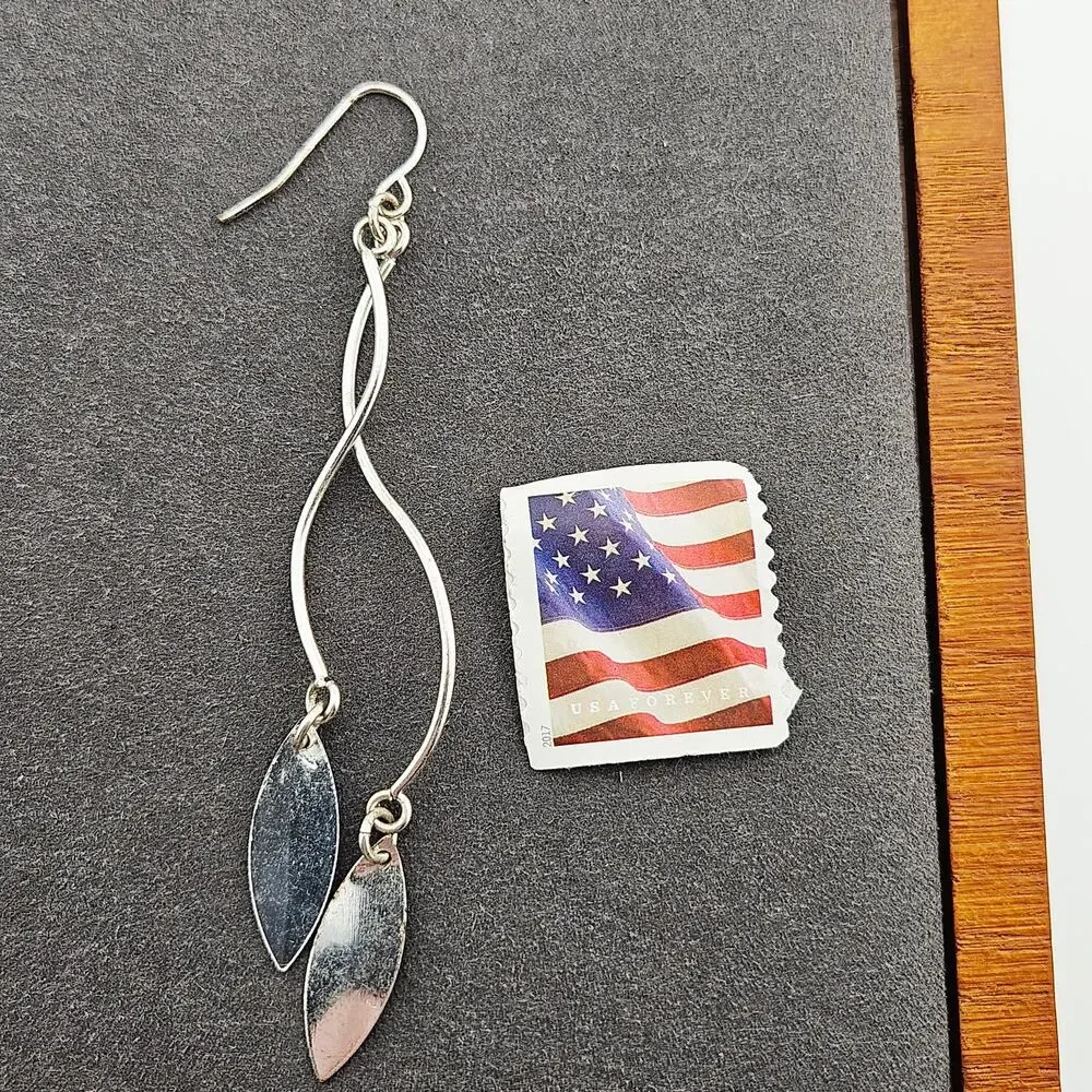 Silver Tone Elongated Metal Swirl Teardrop Charm Earrings Whimsical Dainty Glam